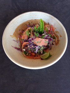 sesame noodles (zucchini, cabbage, carrots) with an almond sauce, sweet peas...